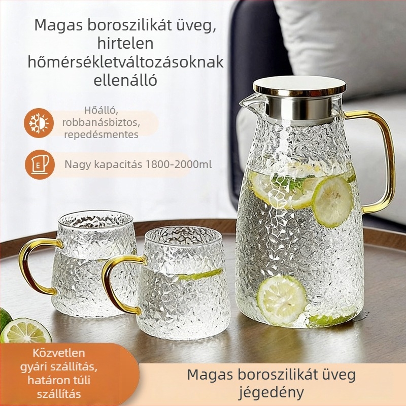 Boroszilikát üvegből készült, nagy kapacitású, hőálló kancsó hideg vízhez – gyümölcsteához és italokhoz – készlet