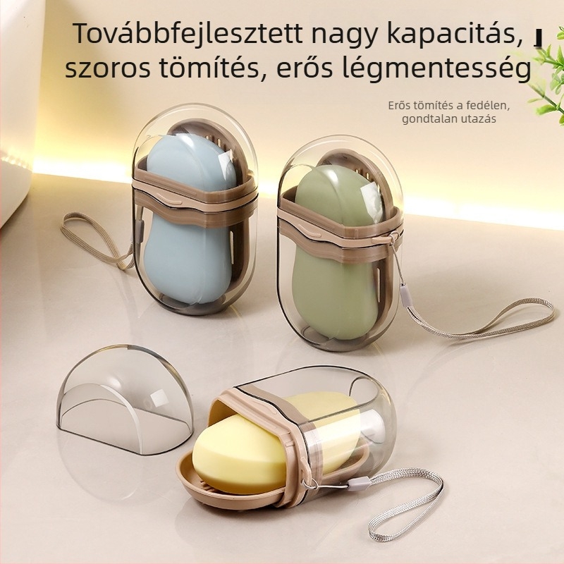 Utazáshoz tervezett, könnyű luxus szappan-doboz fedéllel és leeresztő nyílással, kompakt szappantároló
