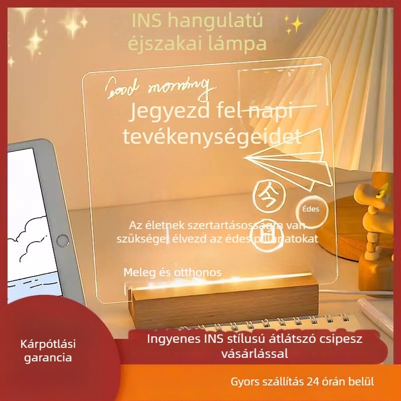 Akril üzenet tábla, dupla oldalú, klippel, világító, átlátszó asztali író tábla – kis dekoratív kiegészítő a tanuláshoz