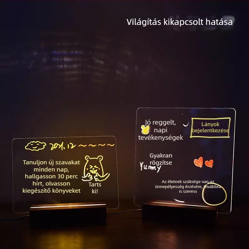 Akril üzenet tábla, dupla oldalú, klippel, világító, átlátszó asztali író tábla – kis dekoratív kiegészítő a tanuláshoz