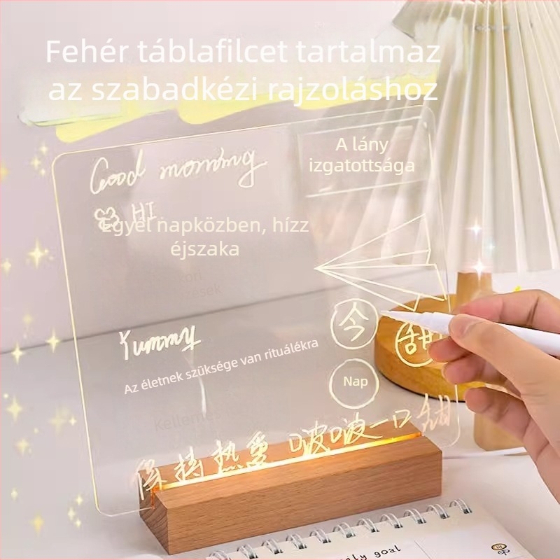 Akril üzenet tábla, dupla oldalú, klippel, világító, átlátszó asztali író tábla – kis dekoratív kiegészítő a tanuláshoz
