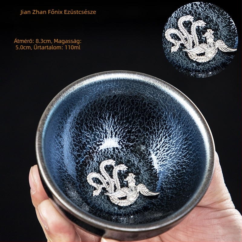 Jian Zhan stílusú teáscsésze ezüstbe beépített vas testtel, kék Qilin motívummal, tizenkét állatövi jeggyel, kézzel készített Gongfu teáscsésze
