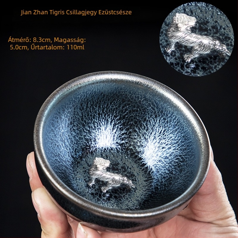 Jian Zhan stílusú teáscsésze ezüstbe beépített vas testtel, kék Qilin motívummal, tizenkét állatövi jeggyel, kézzel készített Gongfu teáscsésze
