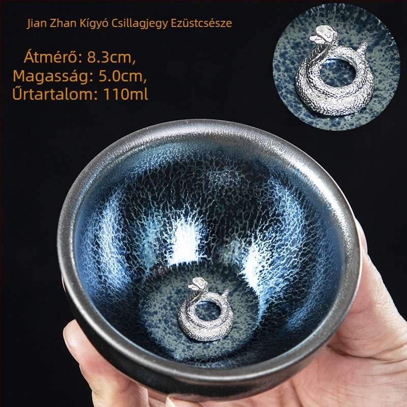 Jian Zhan stílusú teáscsésze ezüstbe beépített vas testtel, kék Qilin motívummal, tizenkét állatövi jeggyel, kézzel készített Gongfu teáscsésze
