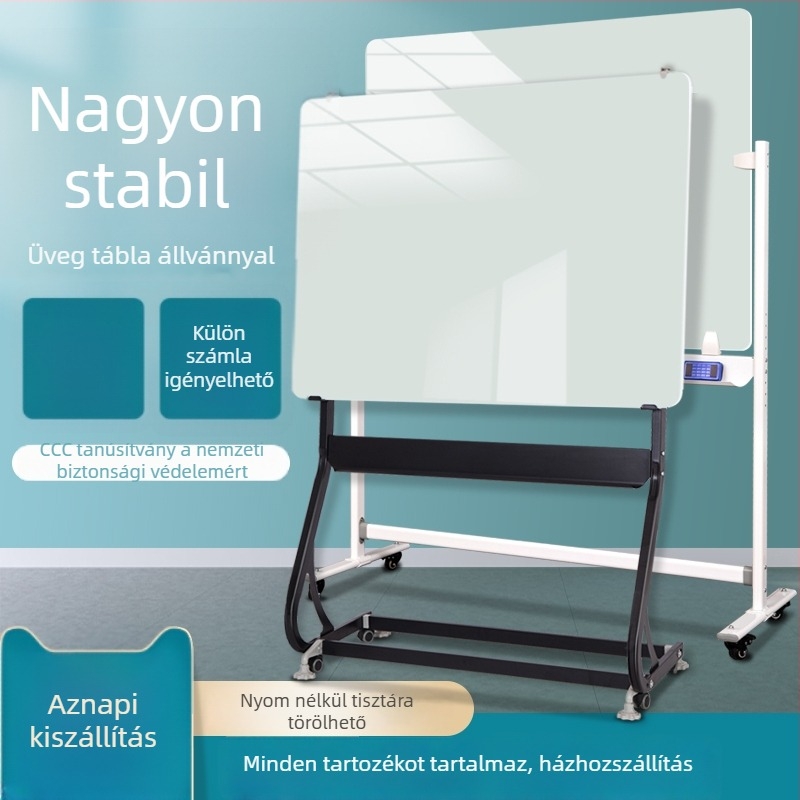 Mágneses edzett üvegből készült írófelület, keret nélküli állvánnyal és kerekekkel – otthonra, oktatásra és irodába