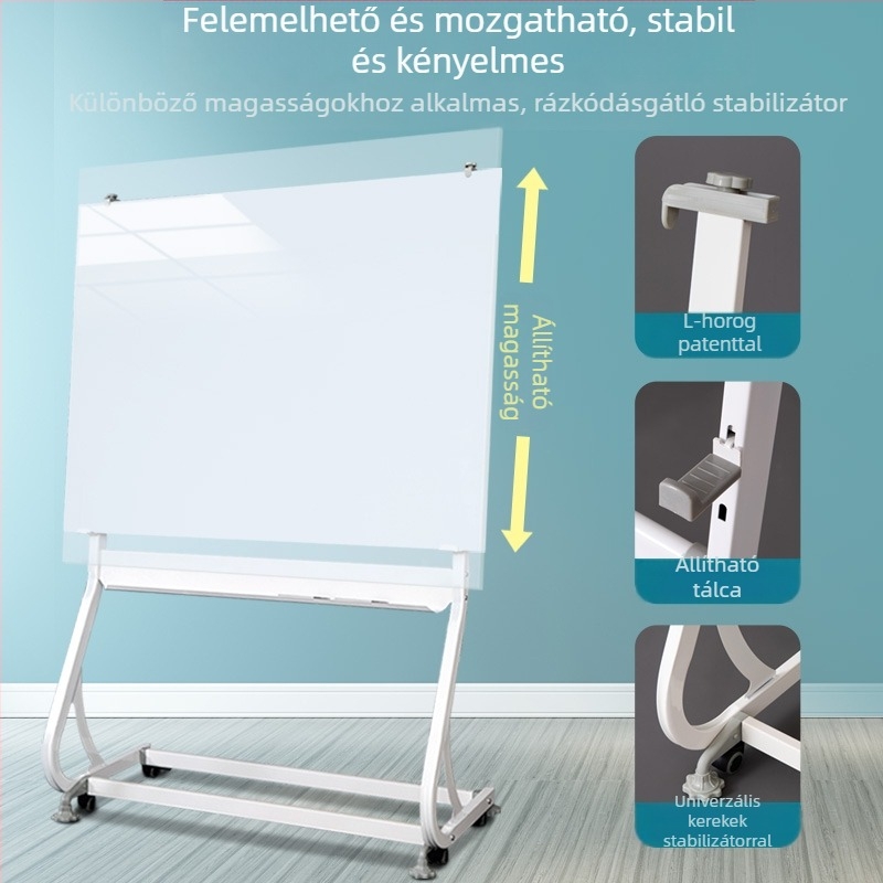 Mágneses edzett üvegből készült írófelület, keret nélküli állvánnyal és kerekekkel – otthonra, oktatásra és irodába