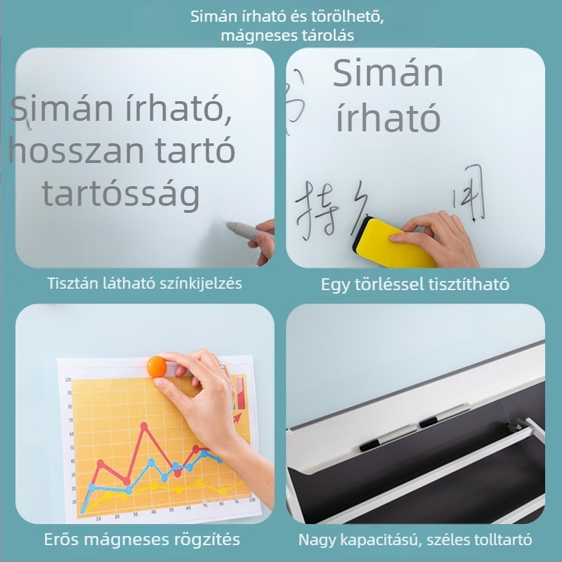 Mágneses edzett üvegből készült írófelület, keret nélküli állvánnyal és kerekekkel – otthonra, oktatásra és irodába