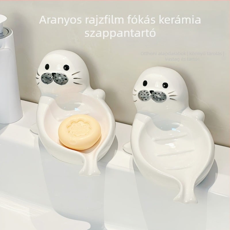 Aranyos tengeri oroszlán kerámia szappantál a fürdőszobába, fúrás nélkül