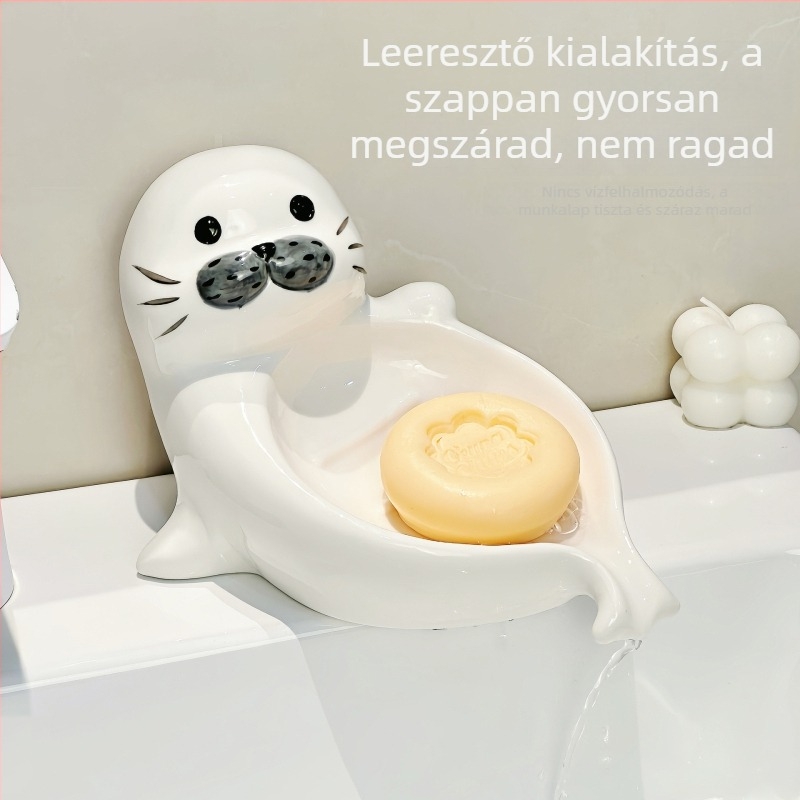 Aranyos tengeri oroszlán kerámia szappantál a fürdőszobába, fúrás nélkül