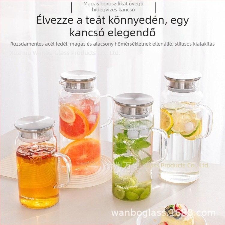 Boroszilát üvegből készül hidegvíz kanna, hőálló, nagy kapacitású italokhoz
