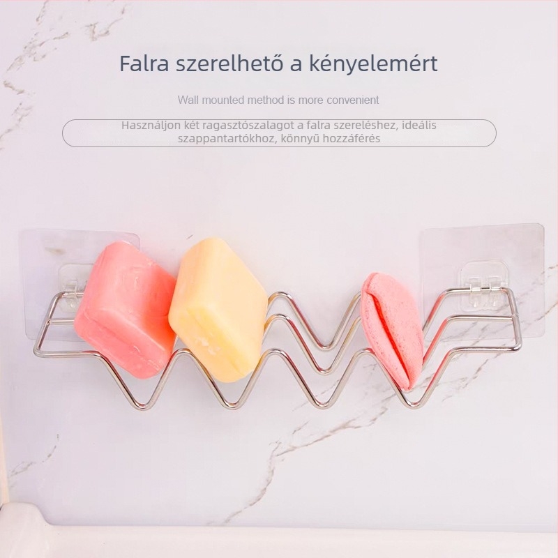 Rozsdamentes acélból készült szappantartó, W-alakú, többfunkciós, asztali vagy falra szerelhető, fúrás nélkül, lefolytató