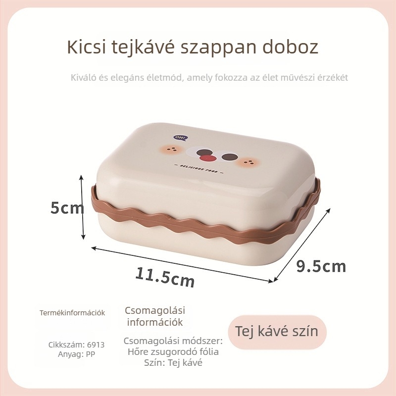 Tej-kávé színű karikatúra mintás műanyag szappantartó fedővel, kettős lefolyó rendszerrel, fürdőszoba, kollégium