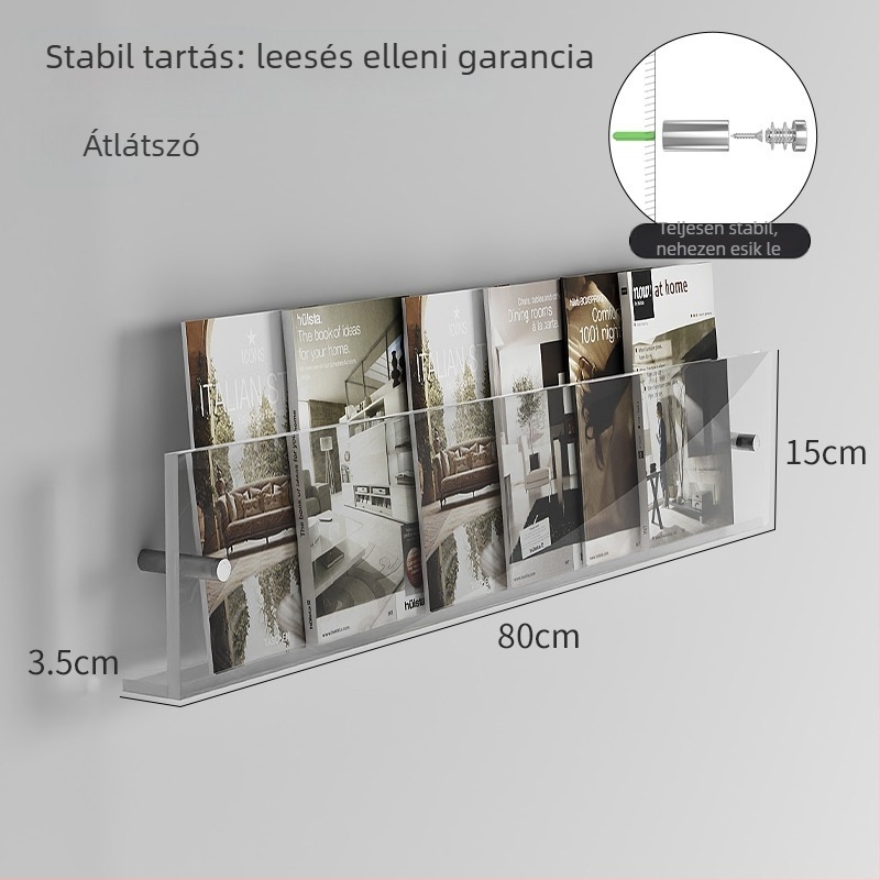 Akrilból készült ultra vékony falra szerelhető magazin- és kiállító polc, átlátszó tároló