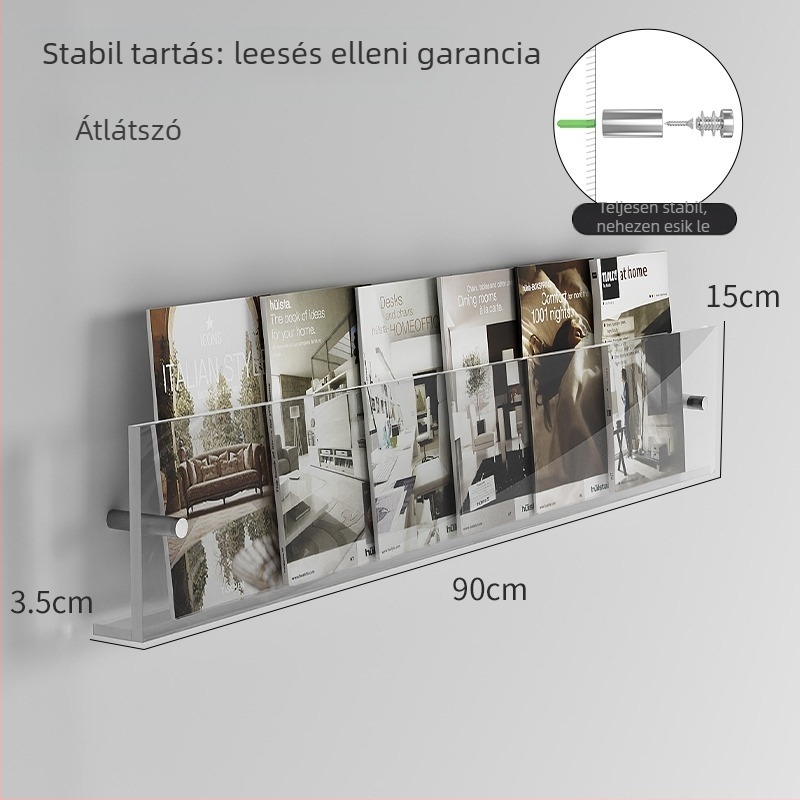 Akrilból készült ultra vékony falra szerelhető magazin- és kiállító polc, átlátszó tároló