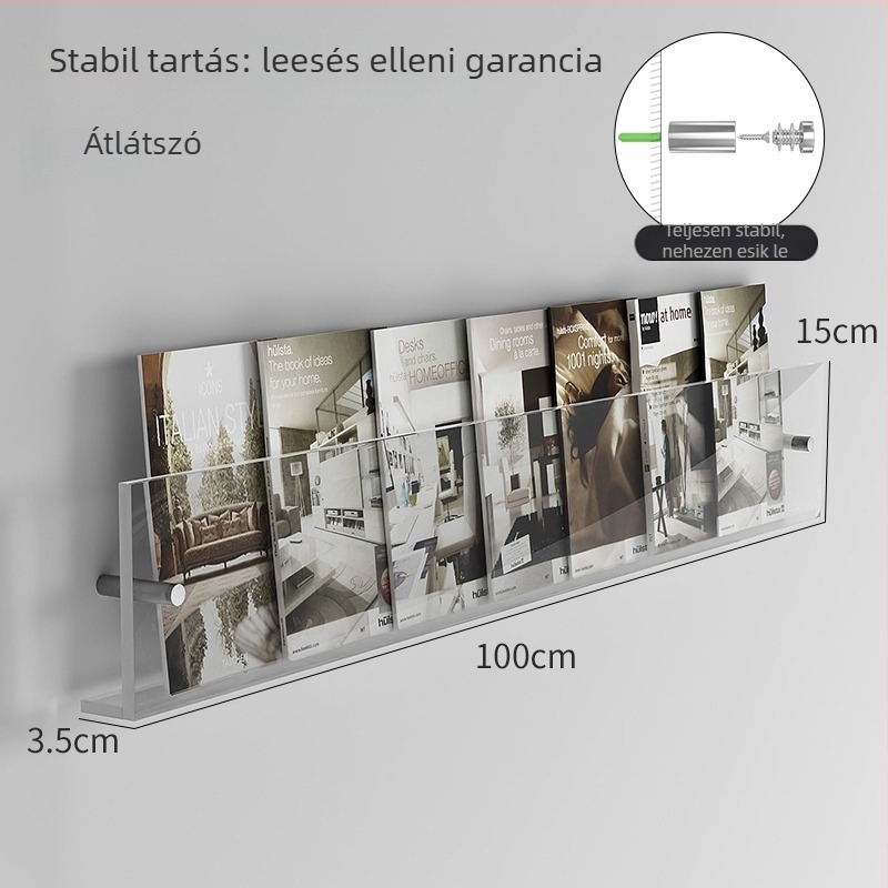 Akrilból készült ultra vékony falra szerelhető magazin- és kiállító polc, átlátszó tároló