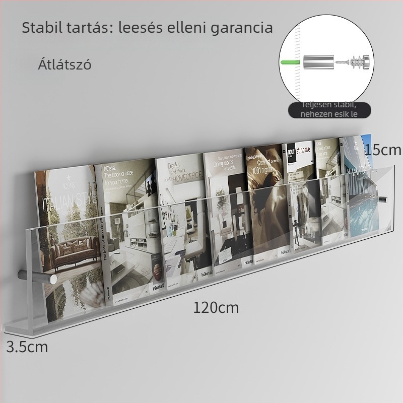 Akrilból készült ultra vékony falra szerelhető magazin- és kiállító polc, átlátszó tároló