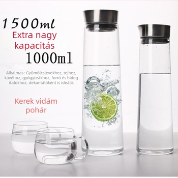 Vastagított üvegből készült vízipalack rozsdamentes acél fedővel, robbanásbiztos és hőálló, nagy kapacitású, szivárgásmentes