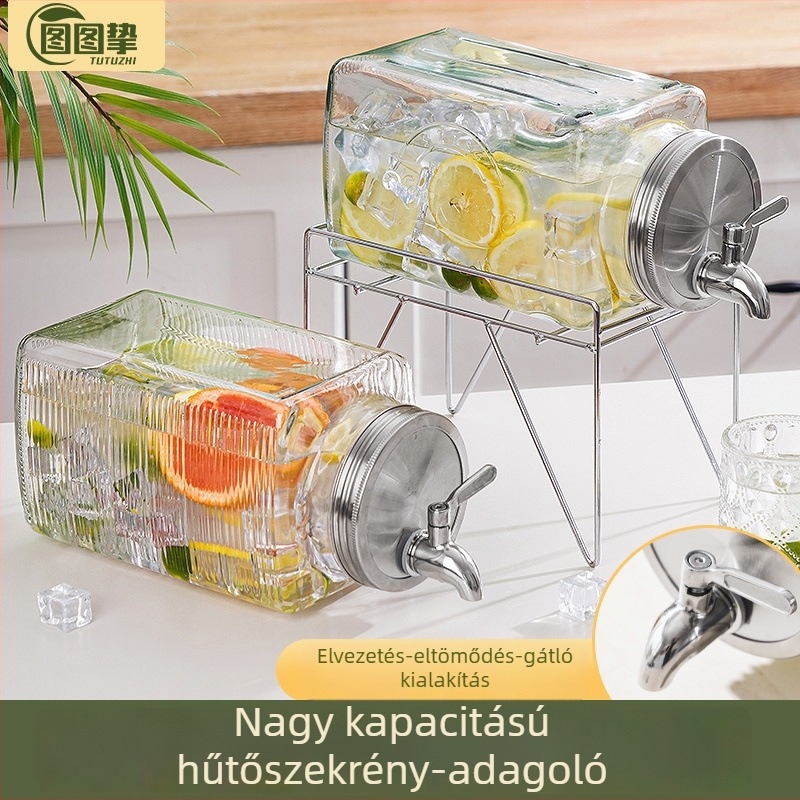 Üvegből készült hideg víz kanna csappal, italadagoló, nagy kapacitású gyümölcstea tartály