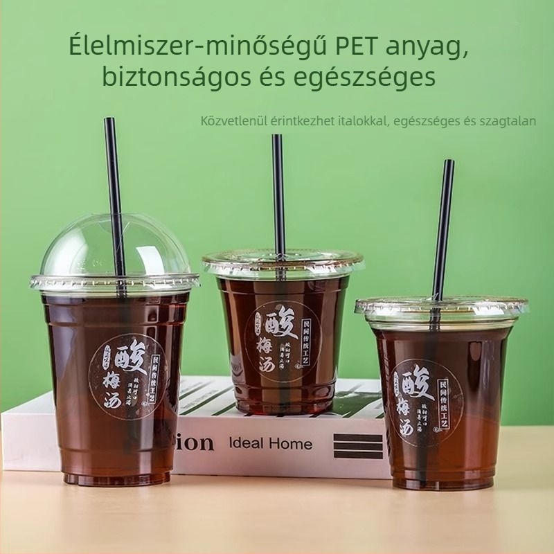 Áttetsző PET poharak savanyú szilva italhoz, egyszer használatos fedővel – utcai értékesítésre
