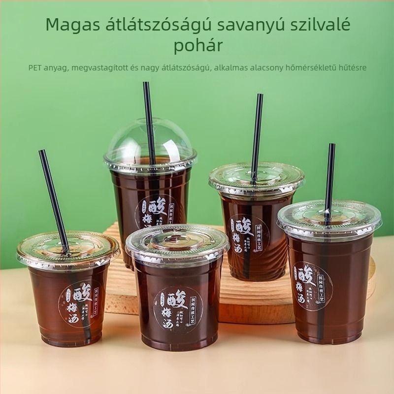 Áttetsző PET poharak savanyú szilva italhoz, egyszer használatos fedővel – utcai értékesítésre