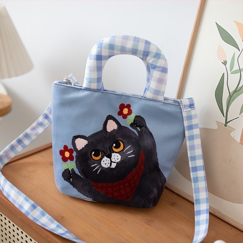 Női vászontáska cicás mintával – rajzfilmszerű stílusú crossbody táska munkához