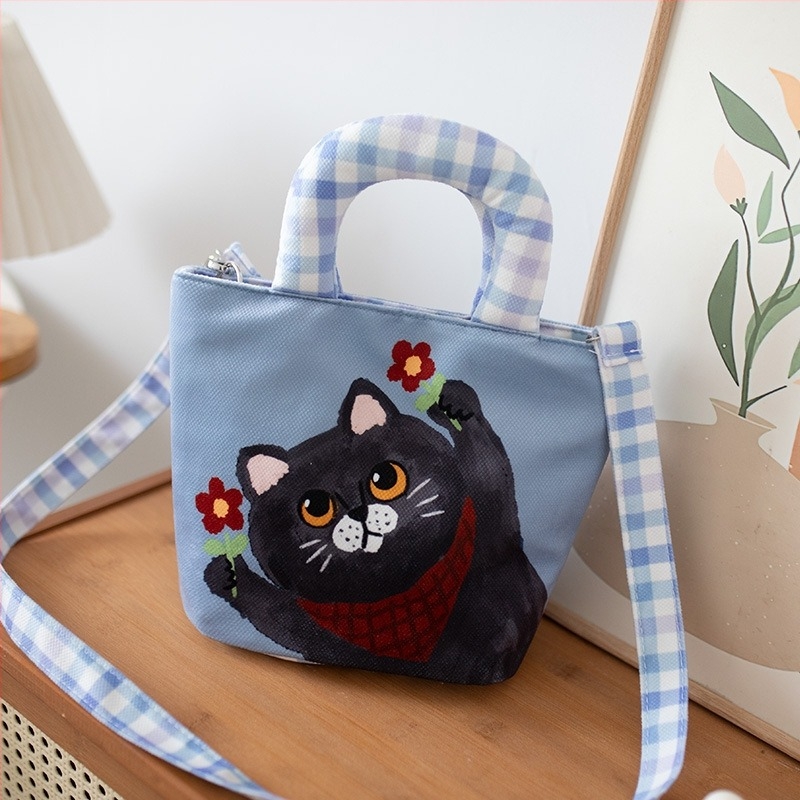 Női vászontáska cicás mintával – rajzfilmszerű stílusú crossbody táska munkához