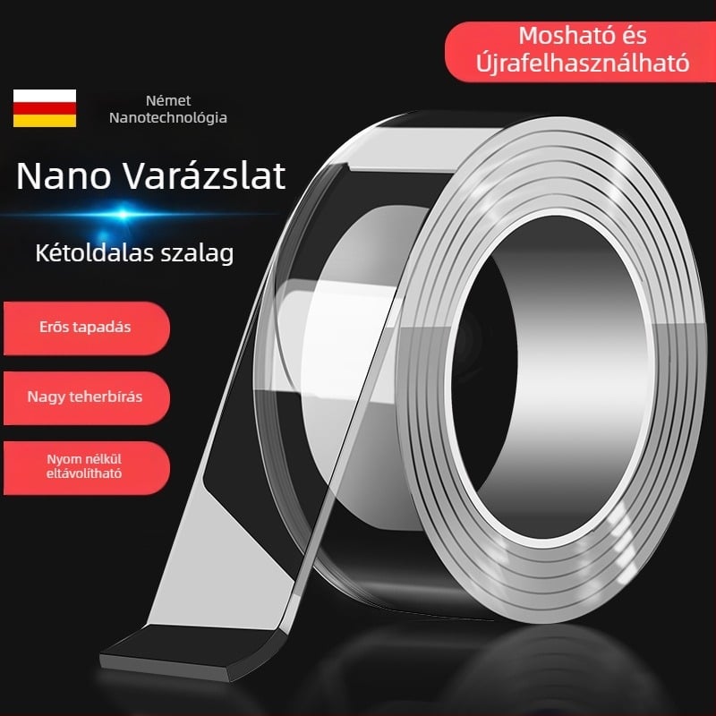 Nano kétoldalas ragasztószalag, akrilból, magas viszkozitású, átlátszó, mosható, vízálló, nyom nélkül
