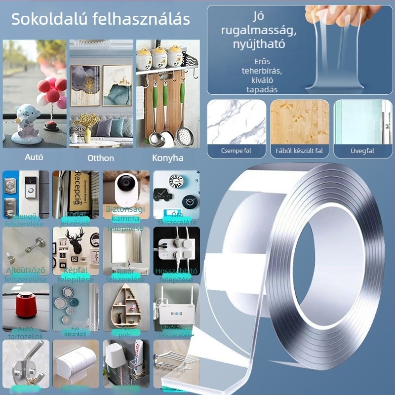 Nano akril dupla oldalú szalag, erős tapadással, átlátszó, mosható, nyommentes, VHB
