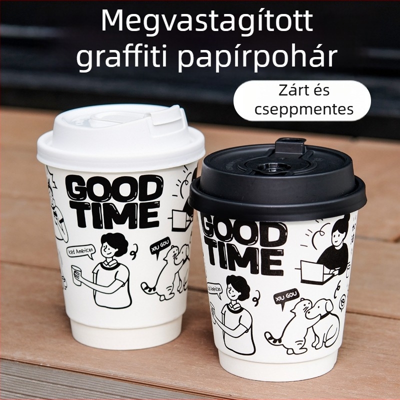 Egyszer használatos papír pohár forró italokhoz, 301–400 ml, fedéllel, kávéhoz és tejjel készült teához, kézzel festett graffiti dizájn