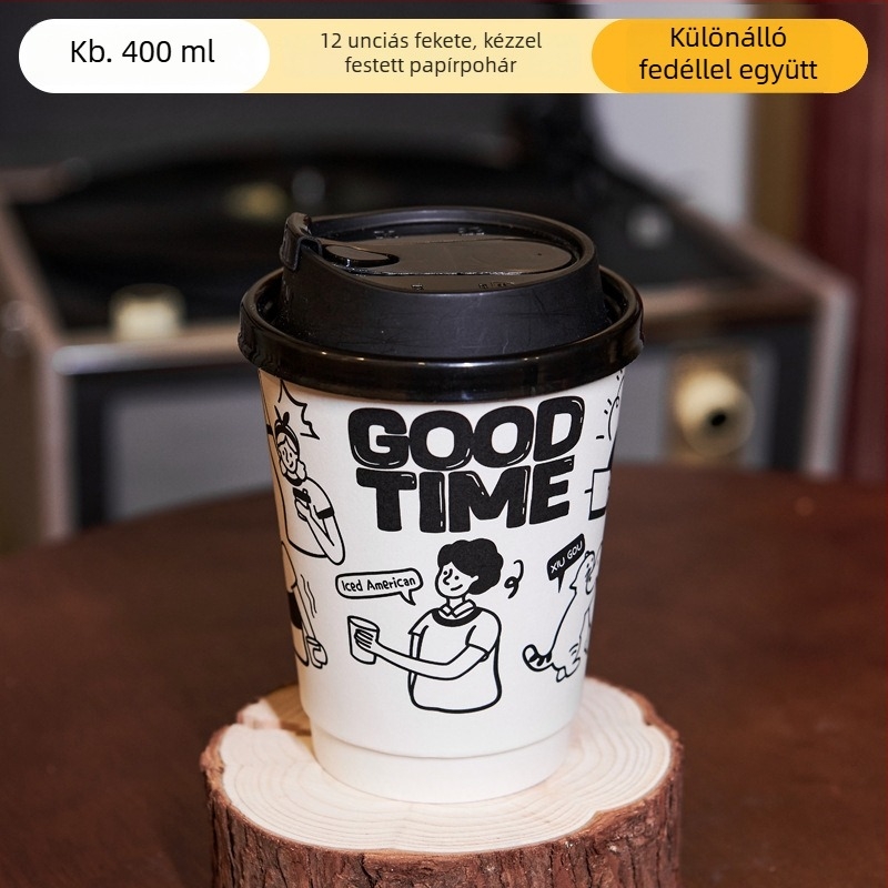 Egyszer használatos papír pohár forró italokhoz, 301–400 ml, fedéllel, kávéhoz és tejjel készült teához, kézzel festett graffiti dizájn