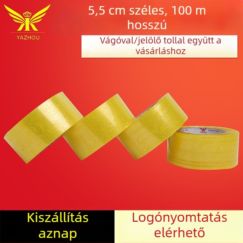 Átlátszó csomagoló tape, szélesség 5,5 cm, hosszúság 100 m, széles, nagy tapadással, BOPP alapanyagú, vízbázisú ragasztóval, dobozok lezárásához