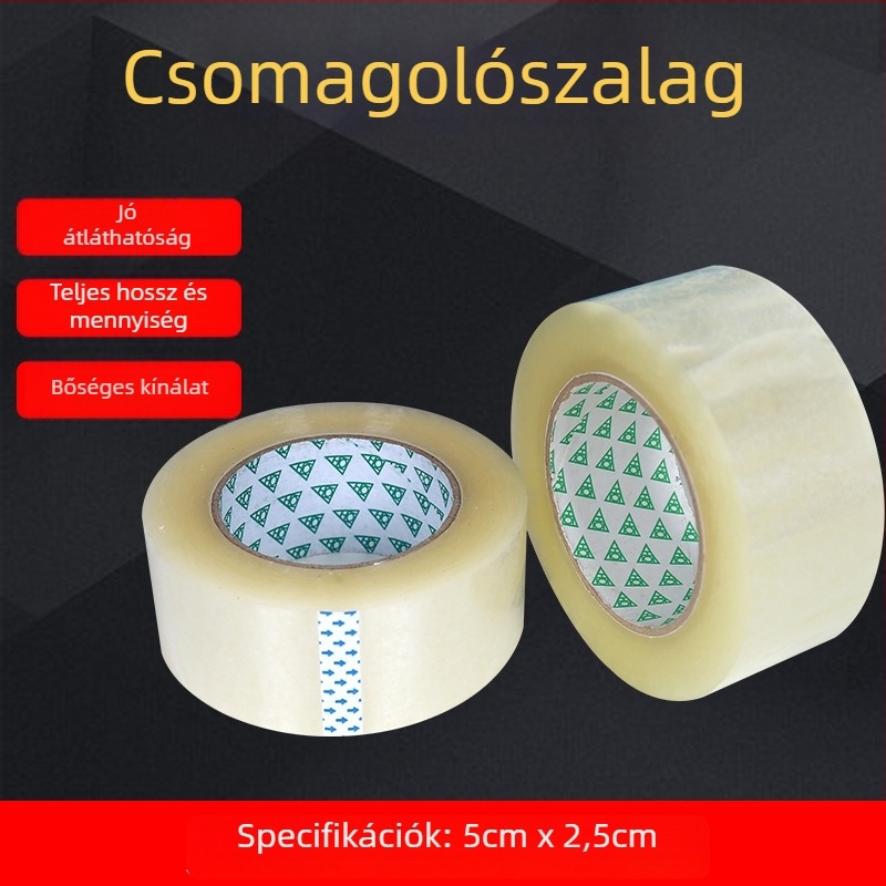 Átlátszó csomagoló szalag, szélesség 5 cm, hossz 150 m, csomagoláshoz és záráshoz.