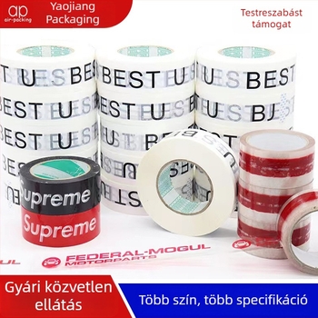 Átlátszó lezáró szalag, nagy tekercs fehér hátterű nyomtatással a csomagoláshoz