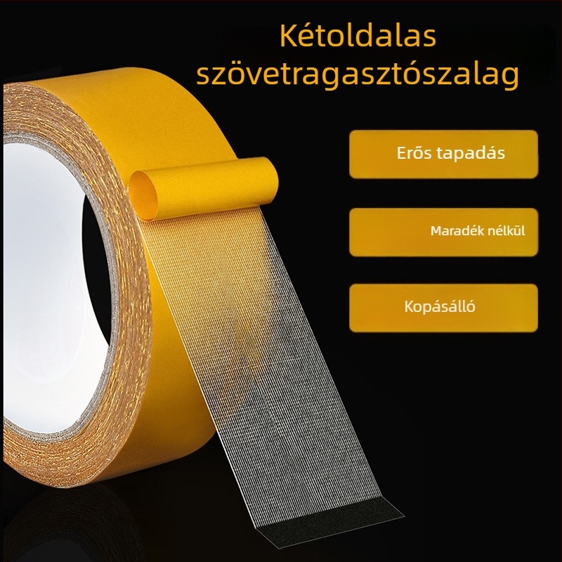 Textil-alapú kétoldalas ragasztószalag szőnyeg- és vinilépadlók illesztéséhez, sárga átlátszó hálós mintázat, vízálló, erős tapadás, nyom nélkül