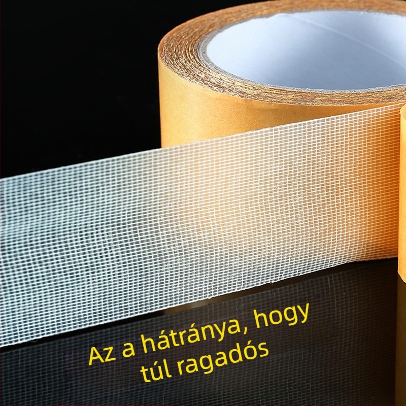 Textil-alapú kétoldalas ragasztószalag szőnyeg- és vinilépadlók illesztéséhez, sárga átlátszó hálós mintázat, vízálló, erős tapadás, nyom nélkül