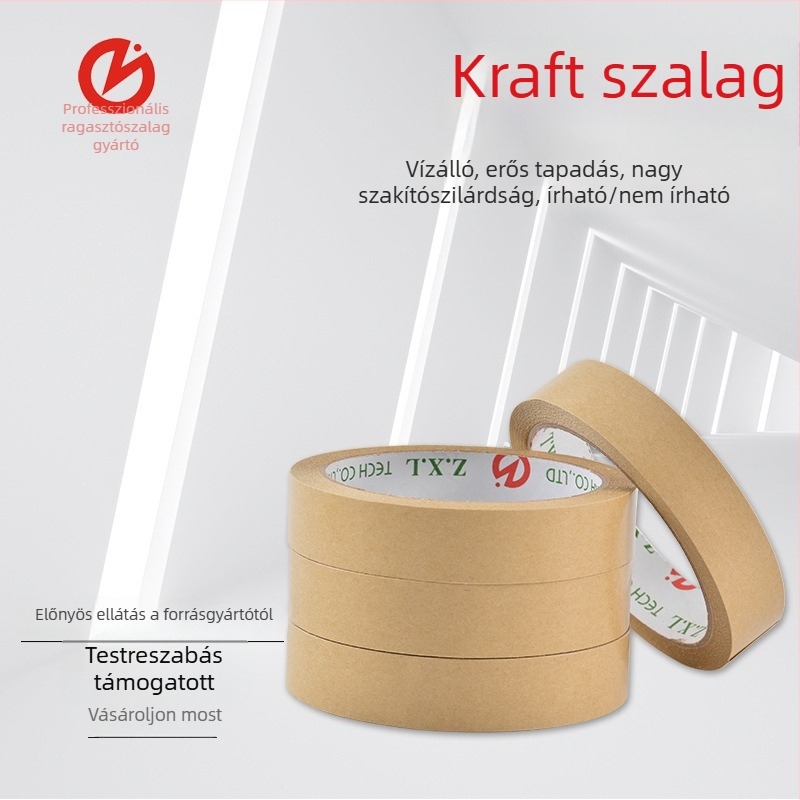 Kopásálló és hőálló kraftpapír-szalag, nagy tapadású, kézzel téphető és írható felülettel, zárásra és csomagolásra alkalmas, logóval testre szabható
