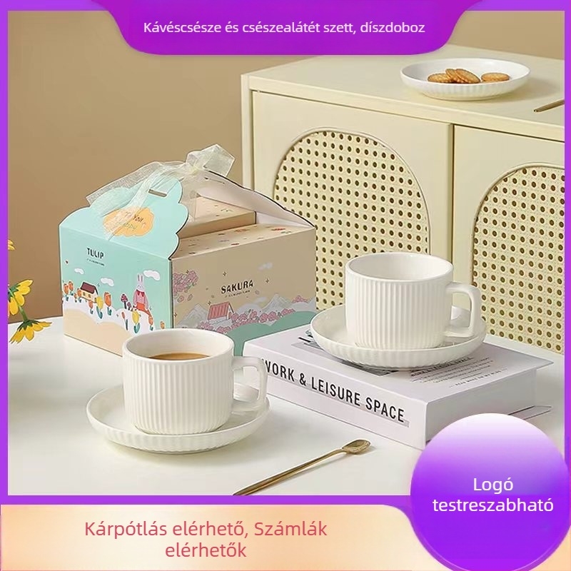 Kerámiás kávéscsésze és alátét kanállal, ajándék dobozban, logó nyomtatási lehetőséggel, iroda, otthon és kávézók számára