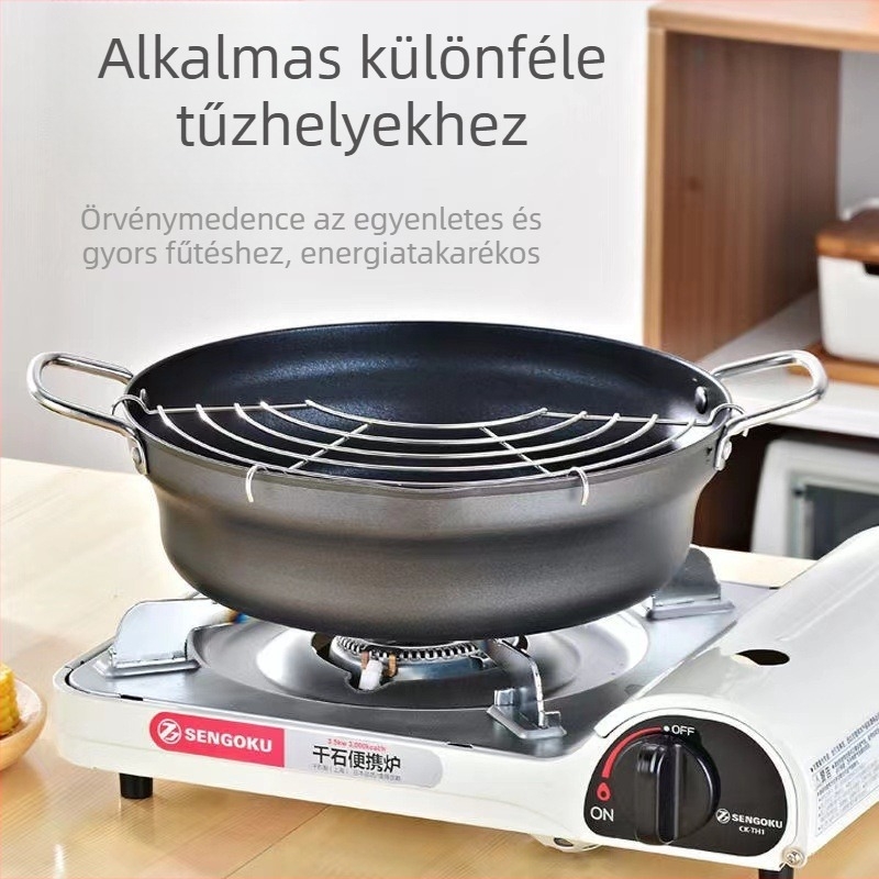 Rozsdamentes acélból készült mély fritőz tapadásmentes bevonattal, tempura és japán stílusú sütéshez, szűrővel, multifunkcionális konyhai edény