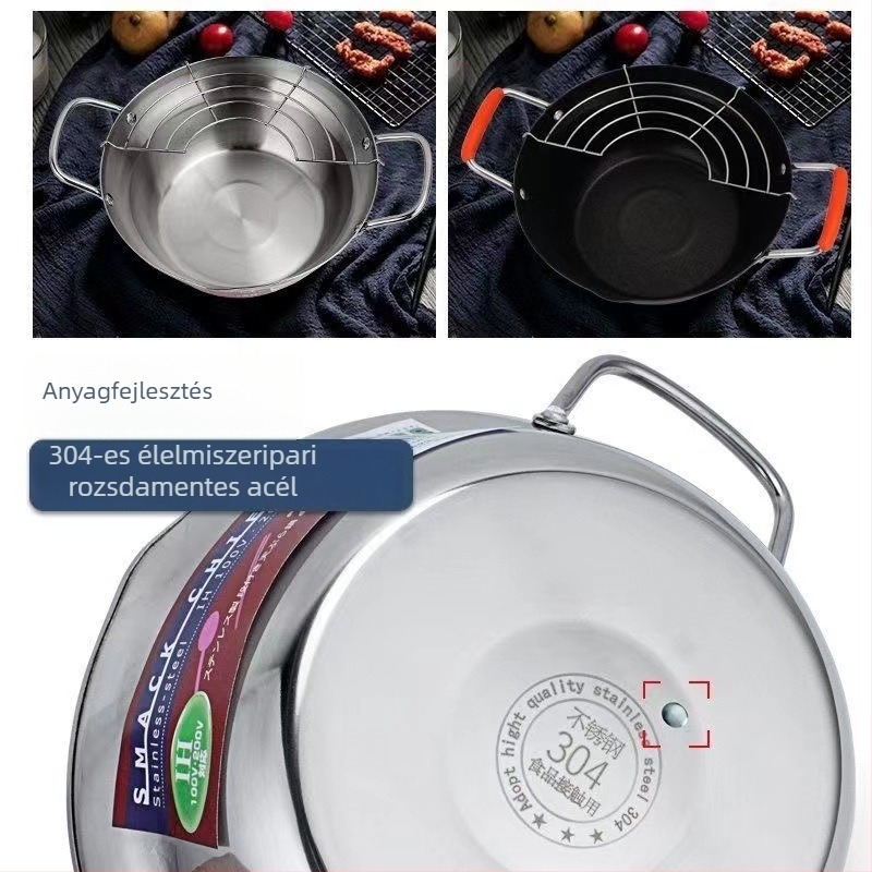 Rozsdamentes acélból készült mély fritőz tapadásmentes bevonattal, tempura és japán stílusú sütéshez, szűrővel, multifunkcionális konyhai edény