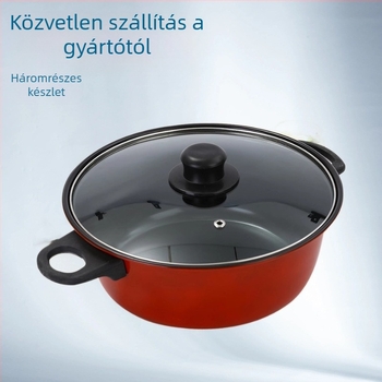 Szénacélból készült, tapadásmentes bevonatú serpenyő és multifunkcionális edény fedővel; alkalmas sütésre, főzésre és levesekhez; kompatibil indukcióval és gáztűzhellyel.