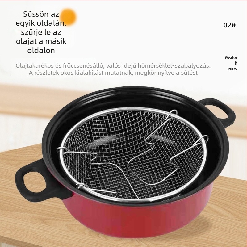 Szénacélból készült, tapadásmentes bevonatú serpenyő és multifunkcionális edény fedővel; alkalmas sütésre, főzésre és levesekhez; kompatibil indukcióval és gáztűzhellyel.