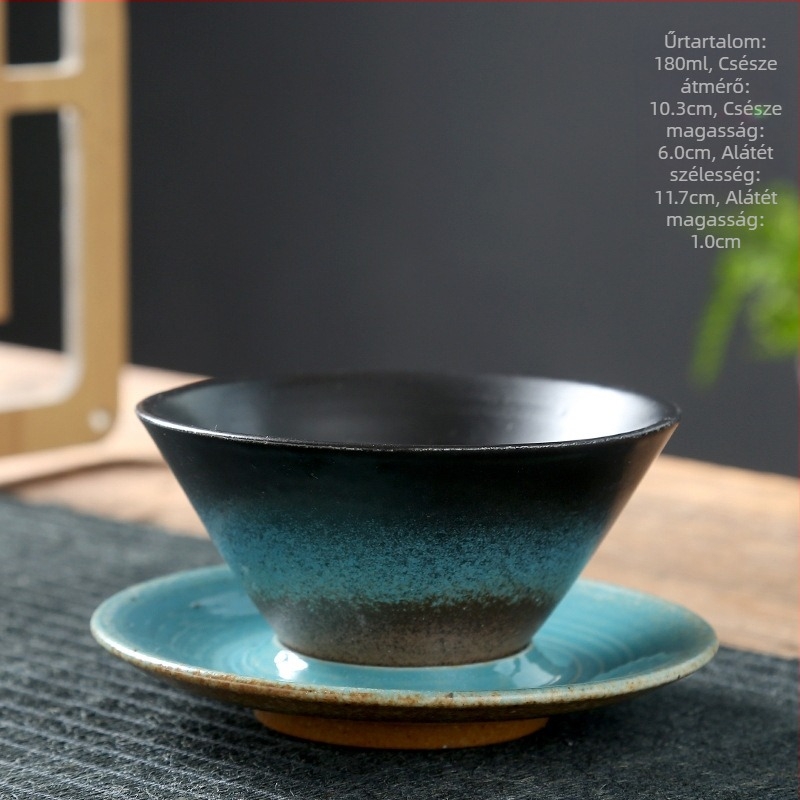 Japán stílusú kőedényes kávéscsésze és alátét, kézzel készített konus alakú, skandináv design, vintage művészeti csésze