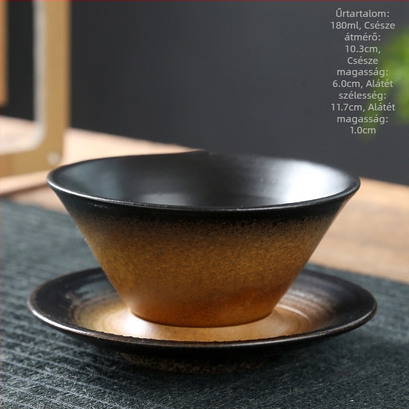 Japán stílusú kőedényes kávéscsésze és alátét, kézzel készített konus alakú, skandináv design, vintage művészeti csésze