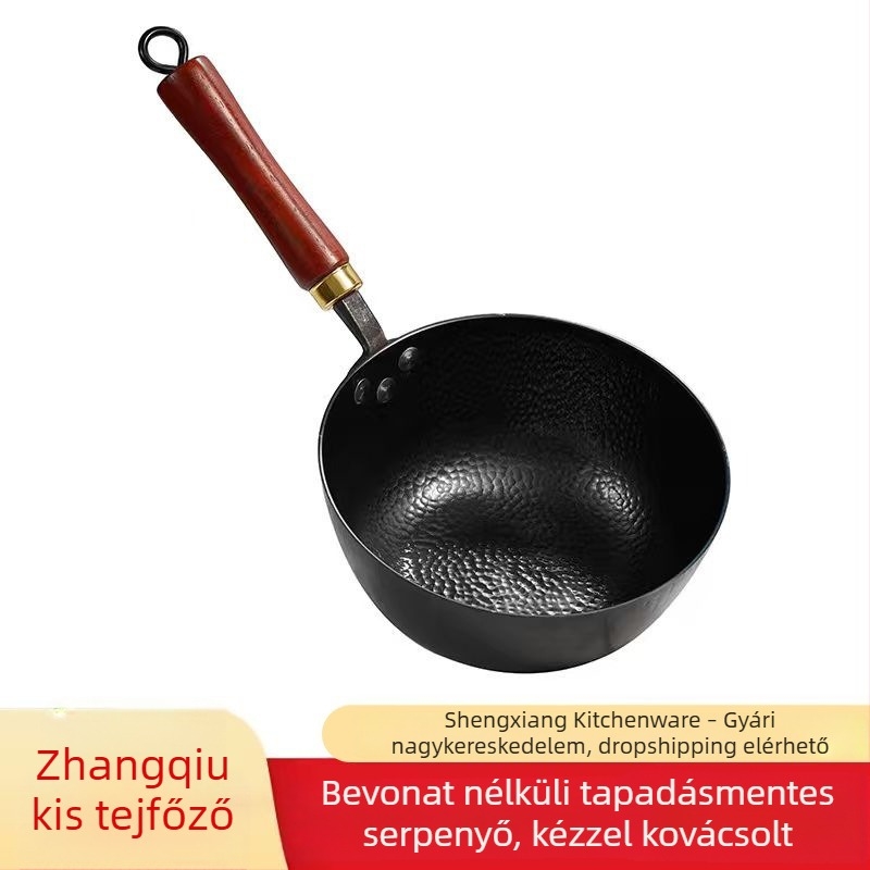 Kézzel kovácsolt tejes fazék bevonat nélküli vasból, egyadagos főzőedény, fa fedővel, wok stílusú