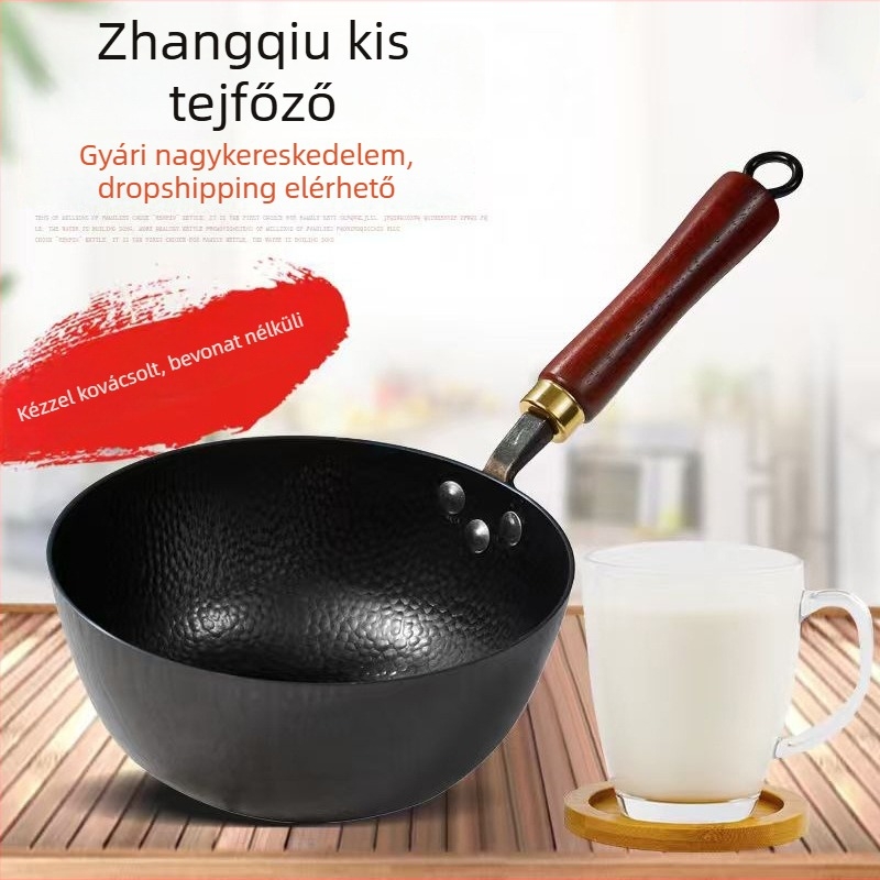 Kézzel kovácsolt tejes fazék bevonat nélküli vasból, egyadagos főzőedény, fa fedővel, wok stílusú