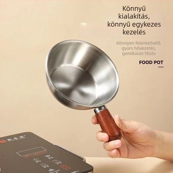 Rozsdamentes acélből készült kis tejfőző edény diófa fogantyúval, egyszemélyes méret, ideális tésztákhoz, salátákhoz, tojásfelveréshez és forró olajban való sütéshez