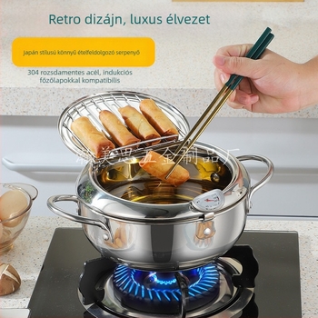 304 rozsdamentes acél tempura fritőz – mini asztali fritőz fedéllel és hőmérővel