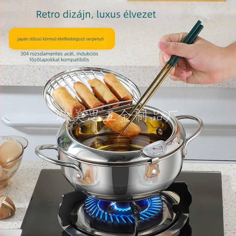 304 rozsdamentes acél tempura fritőz – mini asztali fritőz fedéllel és hőmérővel