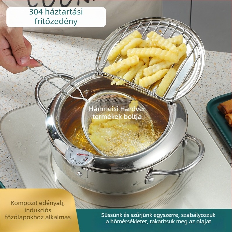 304 rozsdamentes acél tempura fritőz – mini asztali fritőz fedéllel és hőmérővel
