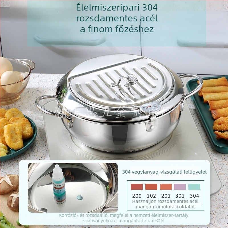 304 rozsdamentes acél tempura fritőz – mini asztali fritőz fedéllel és hőmérővel